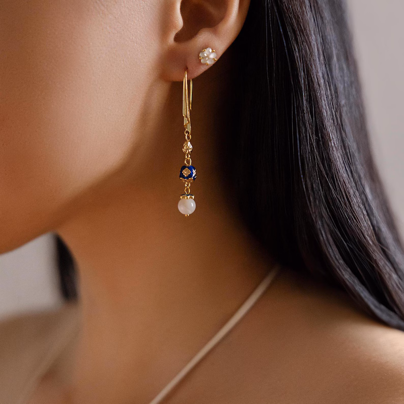Mazu | Asian Hanfu Cloisonné Earrings, Seaside Maiden Style, 14K Gold Plated Chinese Jewelry