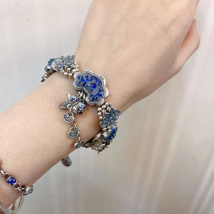 Flower Leaf Ruyi Lock Hand Vintage Original Beaded Bracelet-Pure Silver