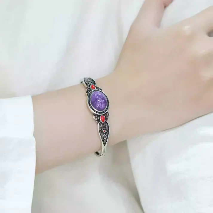 Purple Gemstone Adjustable Bangle – Ziqi Donglai New Chinese Style Open Cuff Bracelet for Women | Vintage Palace & Ethnic Jewelry